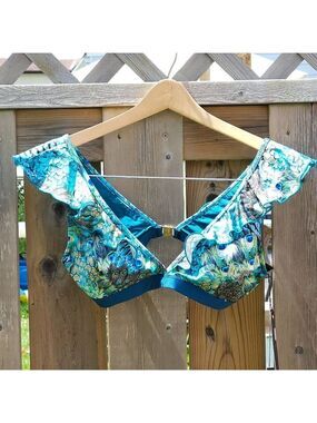 SEXY AQUA BLU Austrailia Peacock Ruffle Swim Top Women's Size 8 BNWT